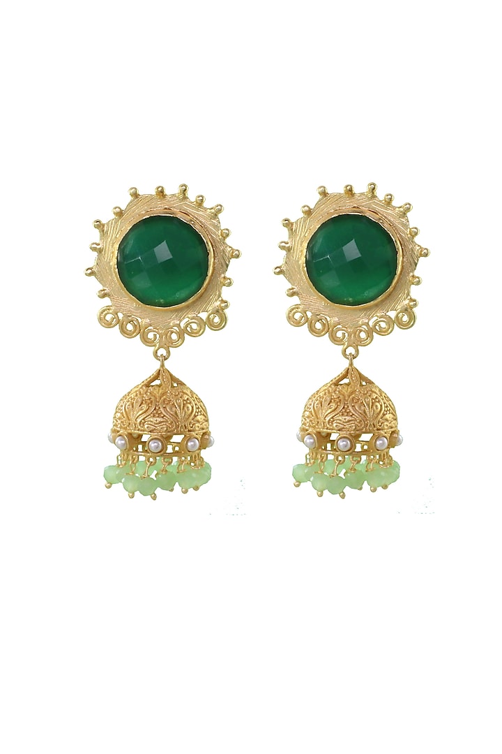Gold Finish Green Stone Jhumka Earrings by Belsi's Jewellery