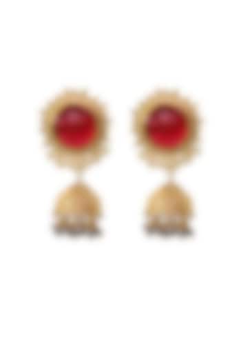Gold Finish Red Stone Jhumka Earrings by Belsi's Jewellery
