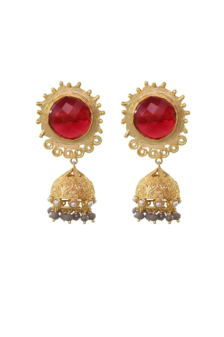 Gold Finish Red Stone Jhumka Earrings by Belsi's Jewellery
