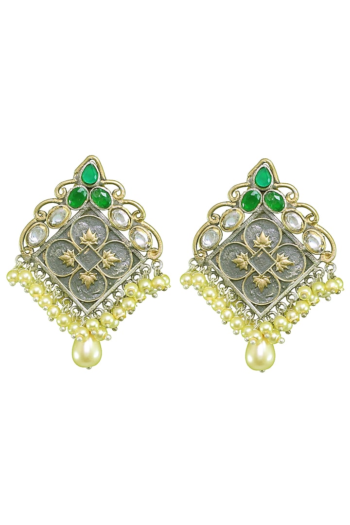 Gold Finish White & Green Stone Earrings by Belsi'S Jewellery