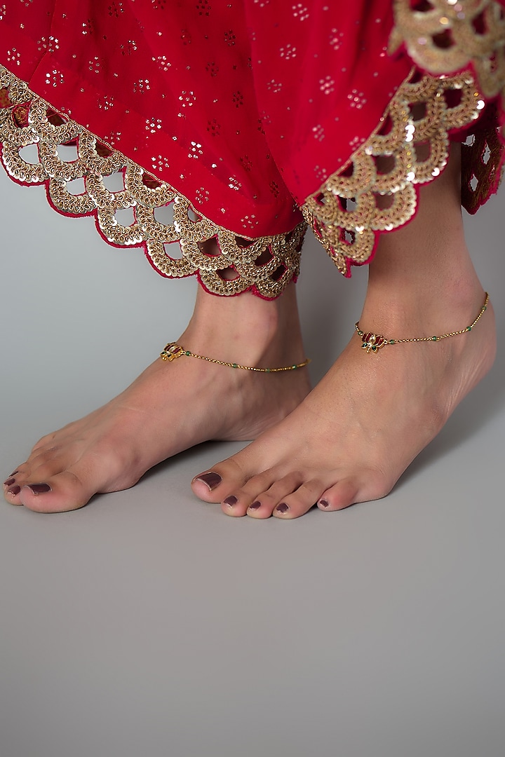 Gold Finish Kundan Polki Anklets (Set Of 2) by Belsi's Jewellery