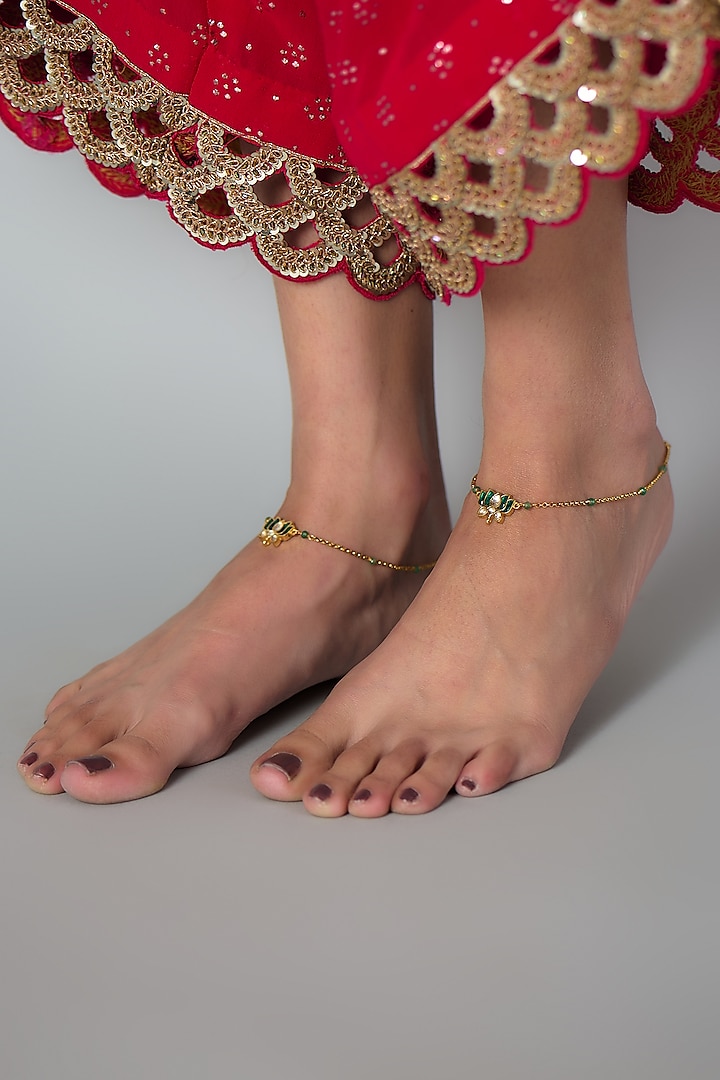 Gold Finish Kundan Polki Anklets (Set Of 2) by Belsi's Jewellery