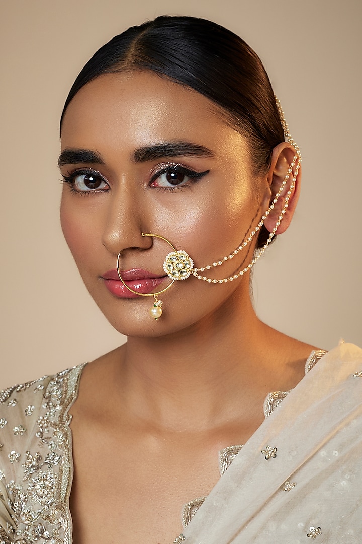 Gold Finish Kundan Polki Nose Ring by Belsi's Jewellery