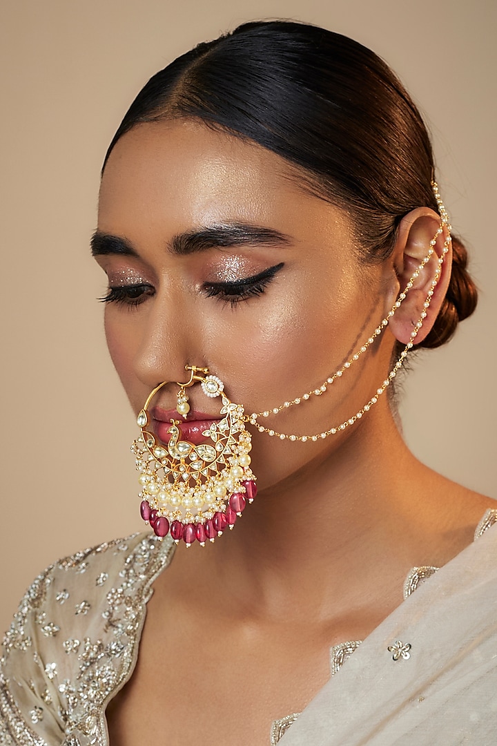 Gold Finish Kundan Polki & Pearl Nose Ring by Belsi's Jewellery