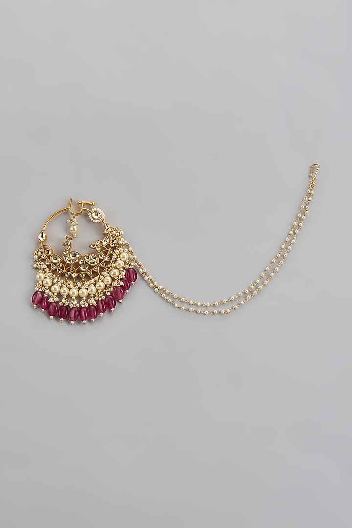 Gold Finish Kundan Polki & Pearl Nose Ring by Belsi's Jewellery at Pernia's Pop Up Shop