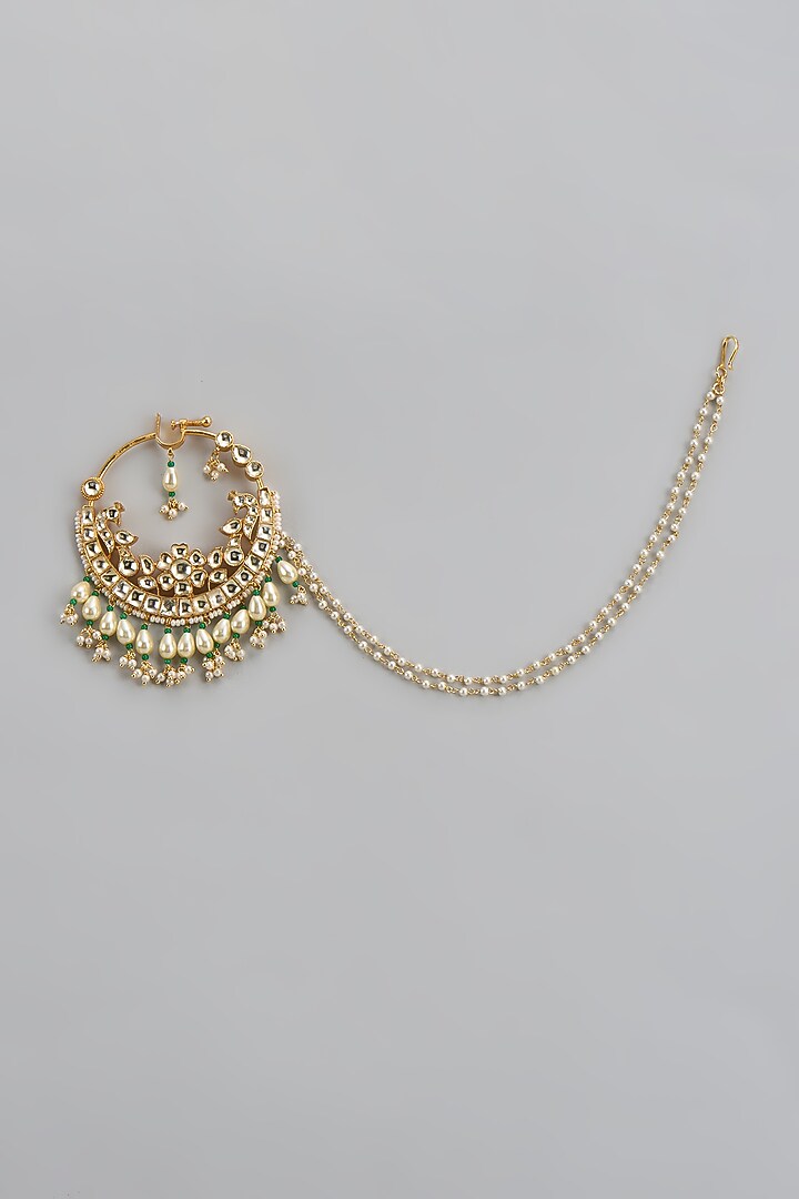 Gold Finish Kundan Polki & Pearl Handcrafted Nose Ring by Belsi's Jewellery at Pernia's Pop Up Shop