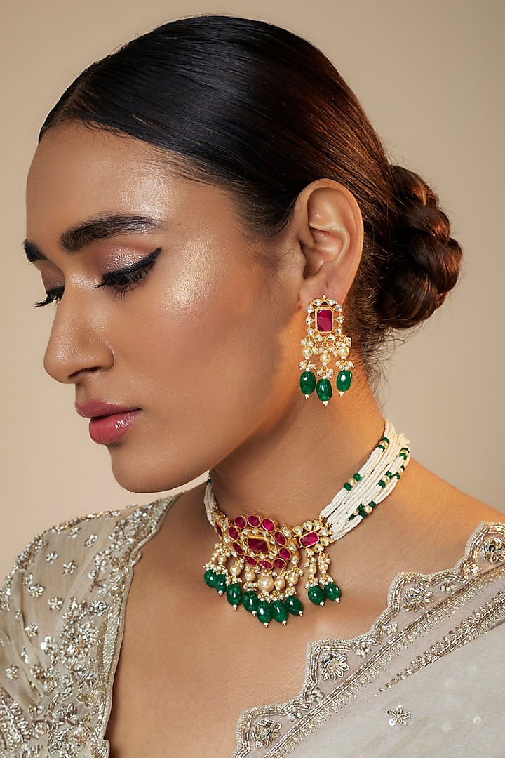 Gold Finish Jadau Kundan Polki Choker Necklace Set by Belsi's Jewellery at Pernia's Pop Up Shop