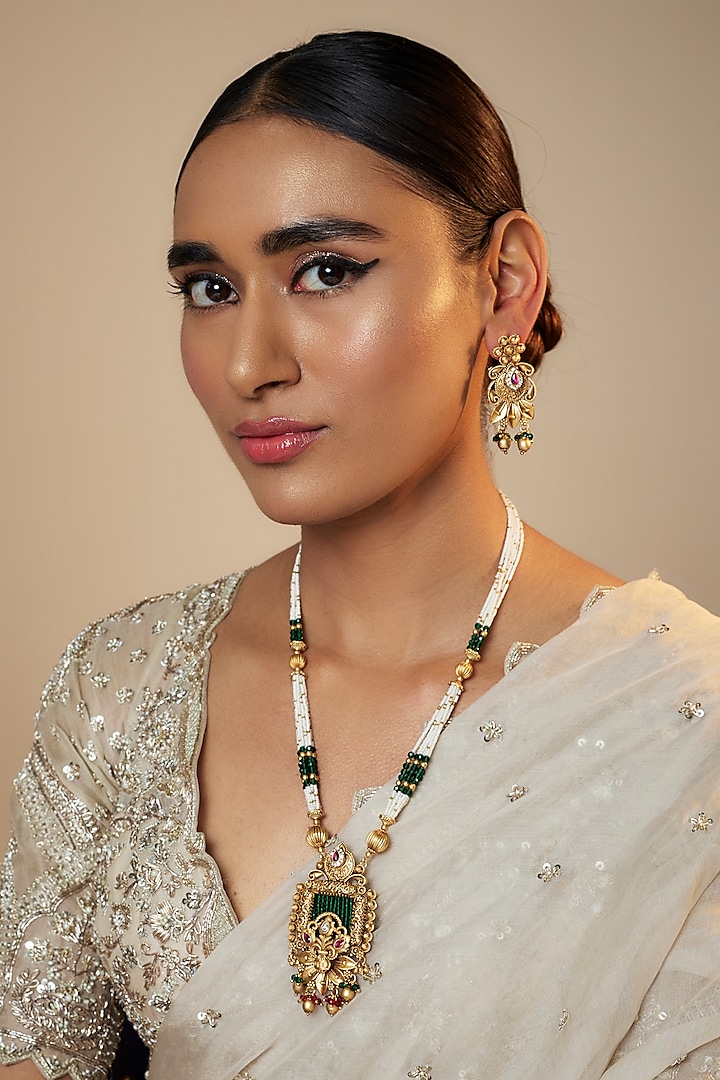 Gold Finish Kundan Polki Long Necklace Set by Belsi's Jewellery at Pernia's Pop Up Shop