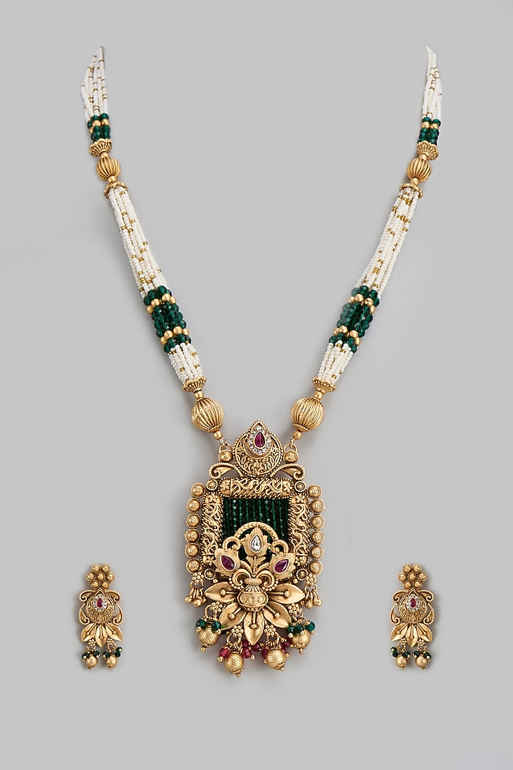 Gold Finish Kundan Polki Long Necklace Set by Belsi's Jewellery at Pernia's Pop Up Shop