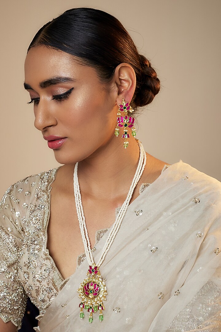 Gold Finish Kundan Polki Long Necklace Set by Belsi's Jewellery at Pernia's Pop Up Shop