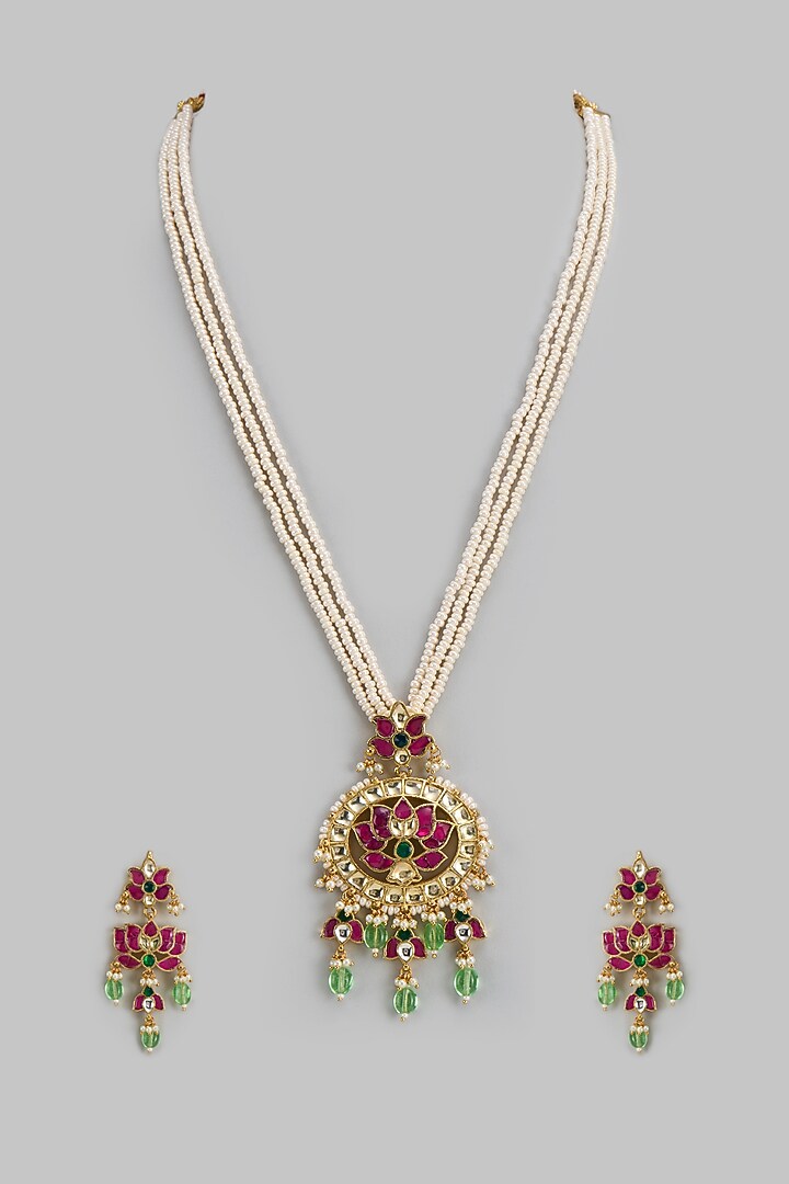 Gold Finish Kundan Polki Long Necklace Set by Belsi's Jewellery at Pernia's Pop Up Shop