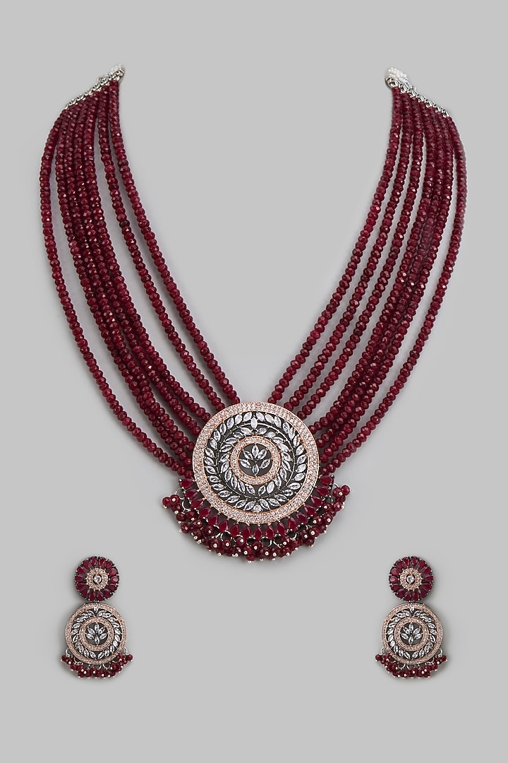 Black Rhodium Finish Kundan Polki & Synthetic Stone Long Necklace Set by Belsi's Jewellery at Pernia's Pop Up Shop