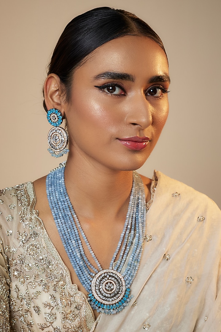 Black Rhodium Finish Kundan Polki & Synthetic Stone Long Necklace Set by Belsi's Jewellery at Pernia's Pop Up Shop