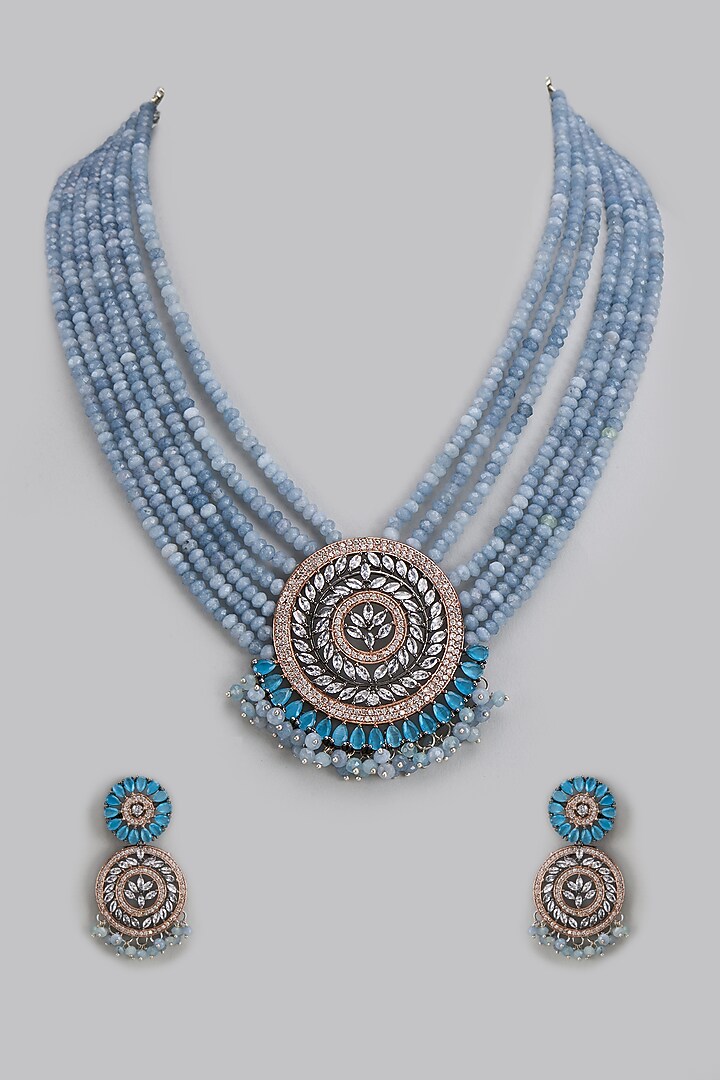 Black Rhodium Finish Kundan Polki & Synthetic Stone Long Necklace Set by Belsi's Jewellery at Pernia's Pop Up Shop