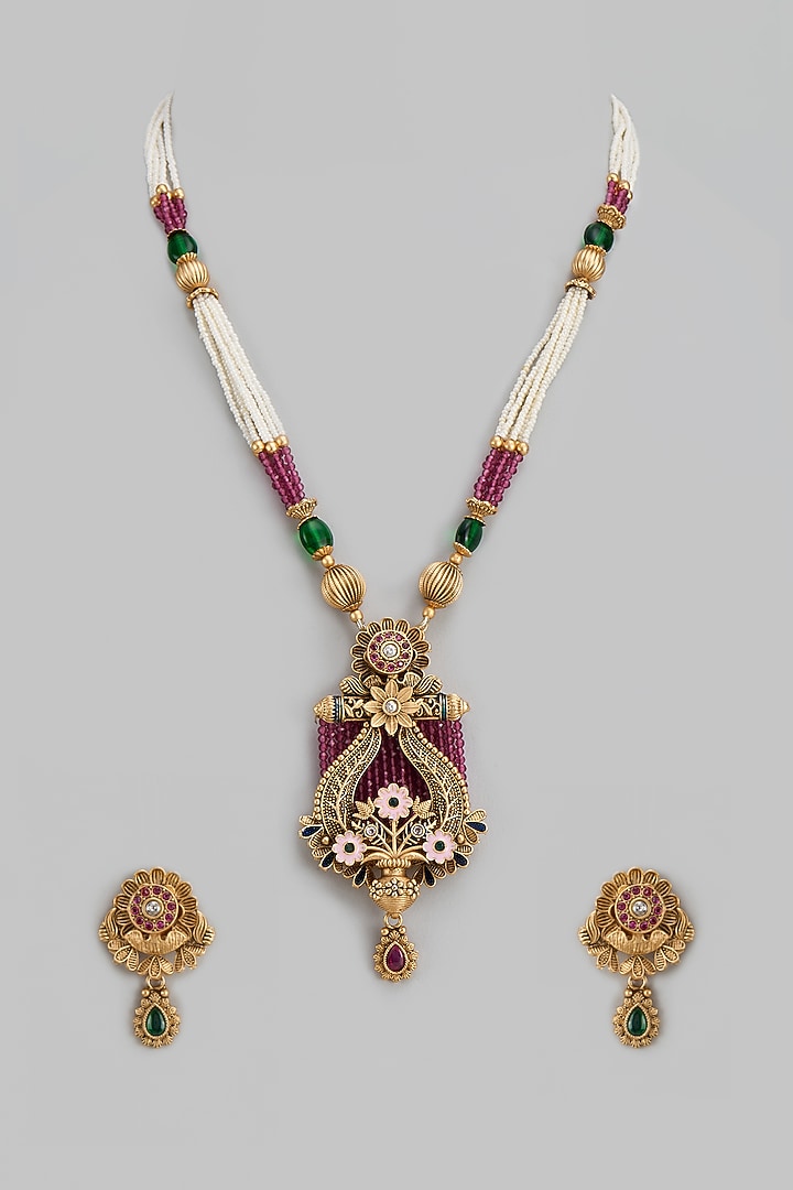 Gold Finish Kundan Polki Long Necklace Set by Belsi's Jewellery at Pernia's Pop Up Shop