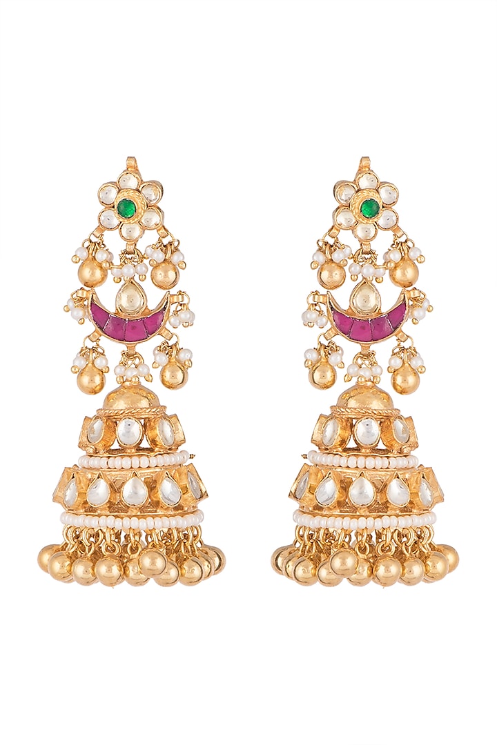 Gold Finish Kundan Jhumka Earrings by Belsi's Jewellery