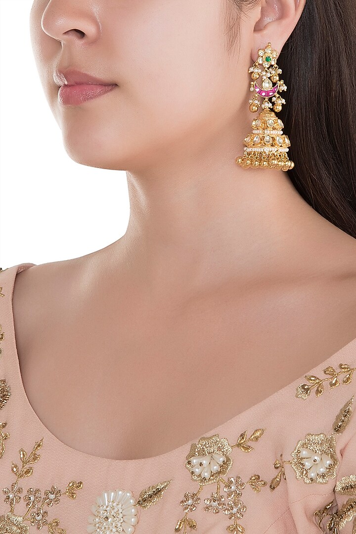 Gold Finish Kundan Jhumka Earrings by Belsi's Jewellery at Pernia's Pop Up Shop