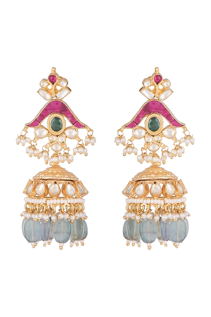 Gold Finish Kundan & Mint Green Stone Drop Earrings by Belsi's Jewellery