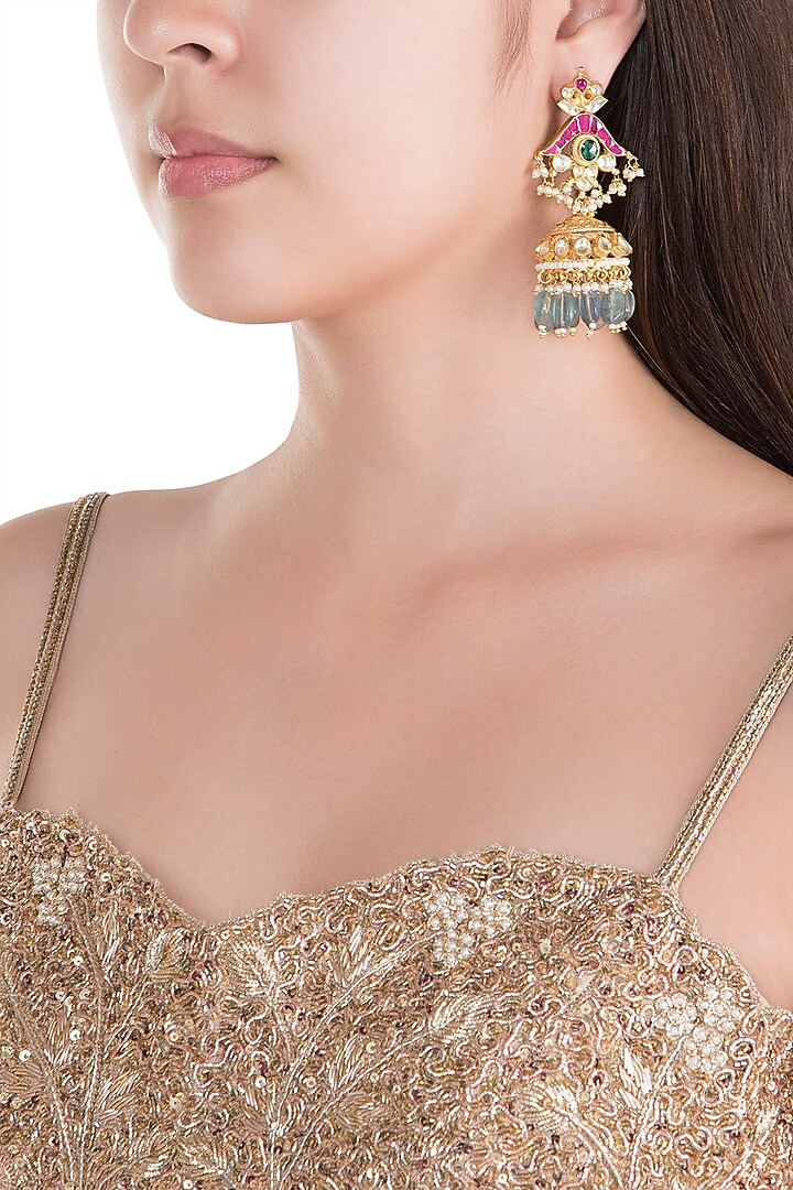 Gold Finish Kundan & Mint Green Stone Drop Earrings by Belsi's Jewellery at Pernia's Pop Up Shop