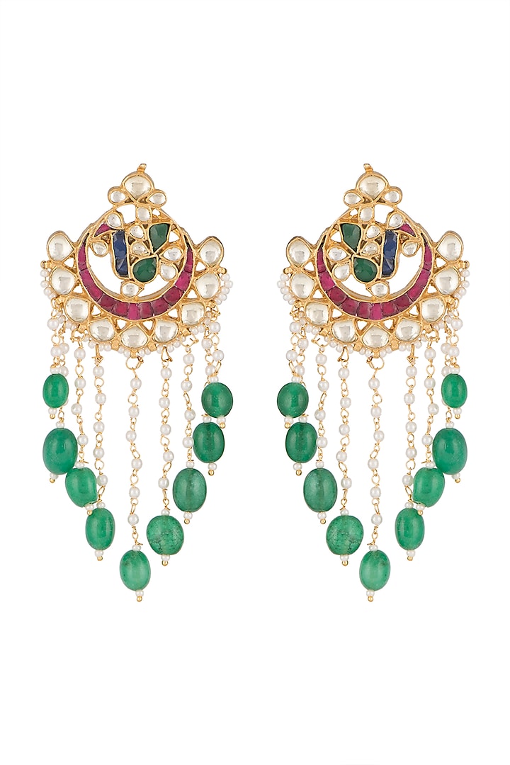 Gold Finish Kundan & Green Stone Drop Earrings by Belsi's Jewellery