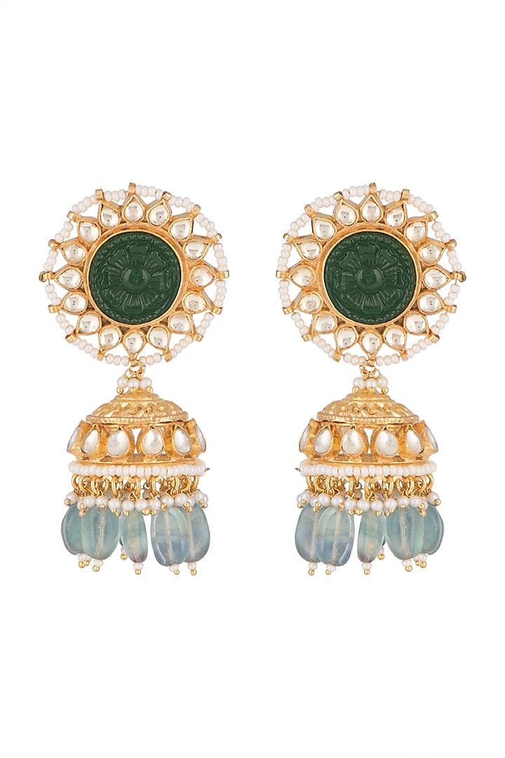 Gold Finish Kundan & Green Stone Jhumka Earrings by Belsi's Jewellery