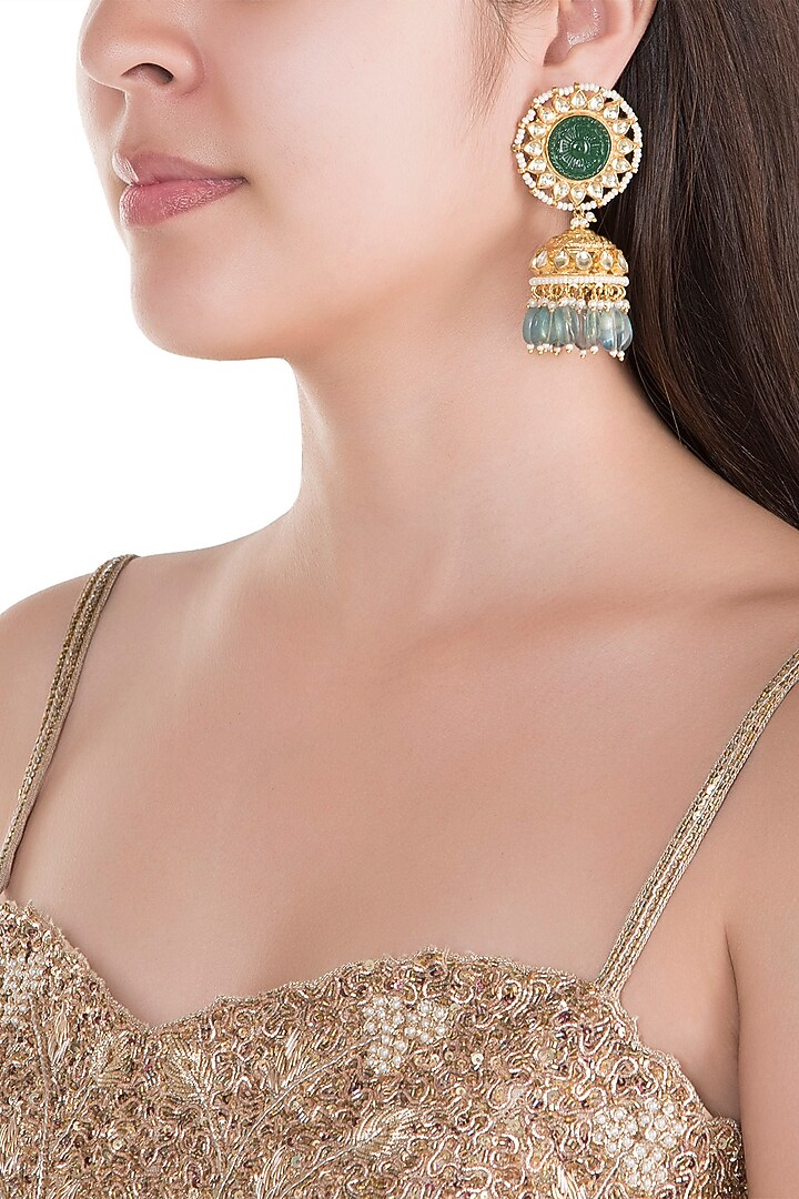 Gold Finish Kundan & Green Stone Jhumka Earrings by Belsi's Jewellery at Pernia's Pop Up Shop