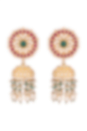 Gold Finish White & Green Kundan Jhumka Earrings by Belsi's Jewellery