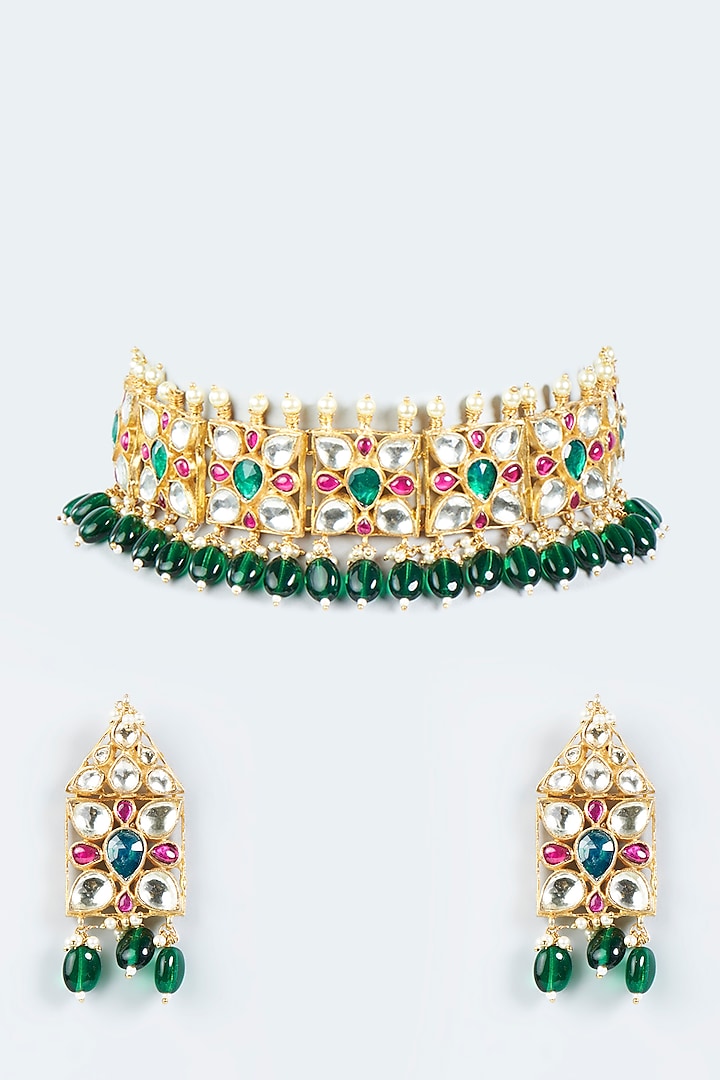 Gold Finish Necklace Set With Green Drops by Belsi's Jewellery