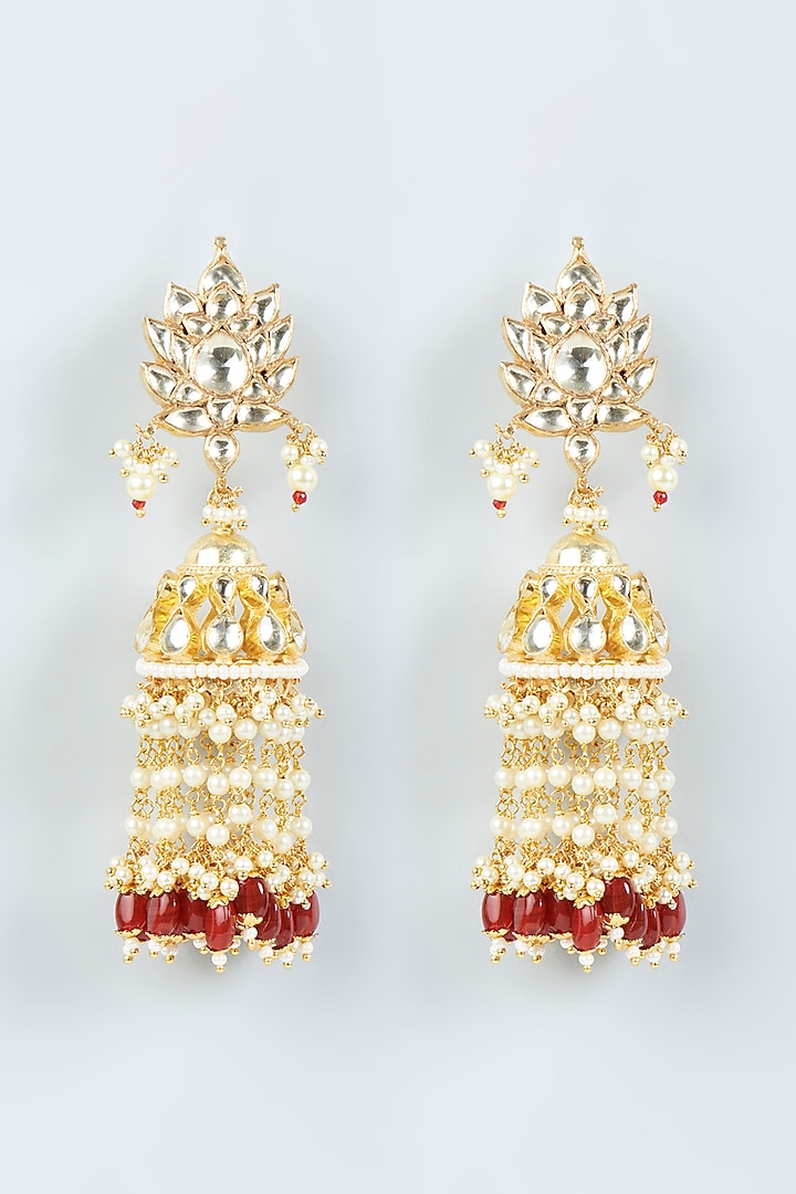 Gold Finish Kundan Polki Jhumka Earrings by Belsi's Jewellery
