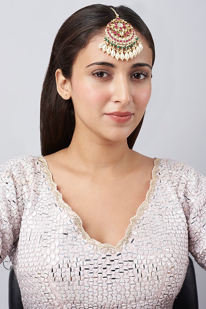 Gold Finish Maang Tikka With Ruby Stones by Belsi's Jewellery at Pernia's Pop Up Shop