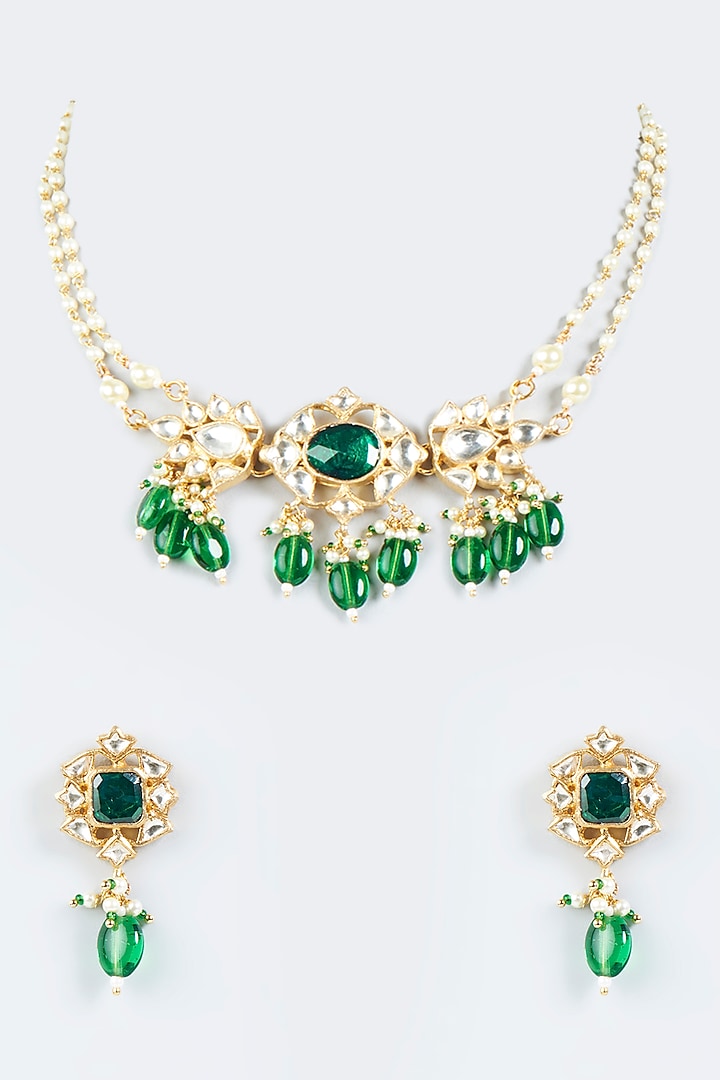 Gold Finish Necklace Set With Green Drops by Belsi's Jewellery
