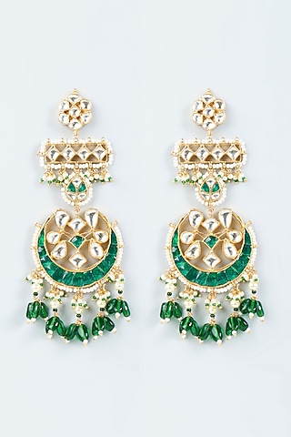 Gold Finish Kundan Polki Chandbali Earrings by Belsi's Jewellery