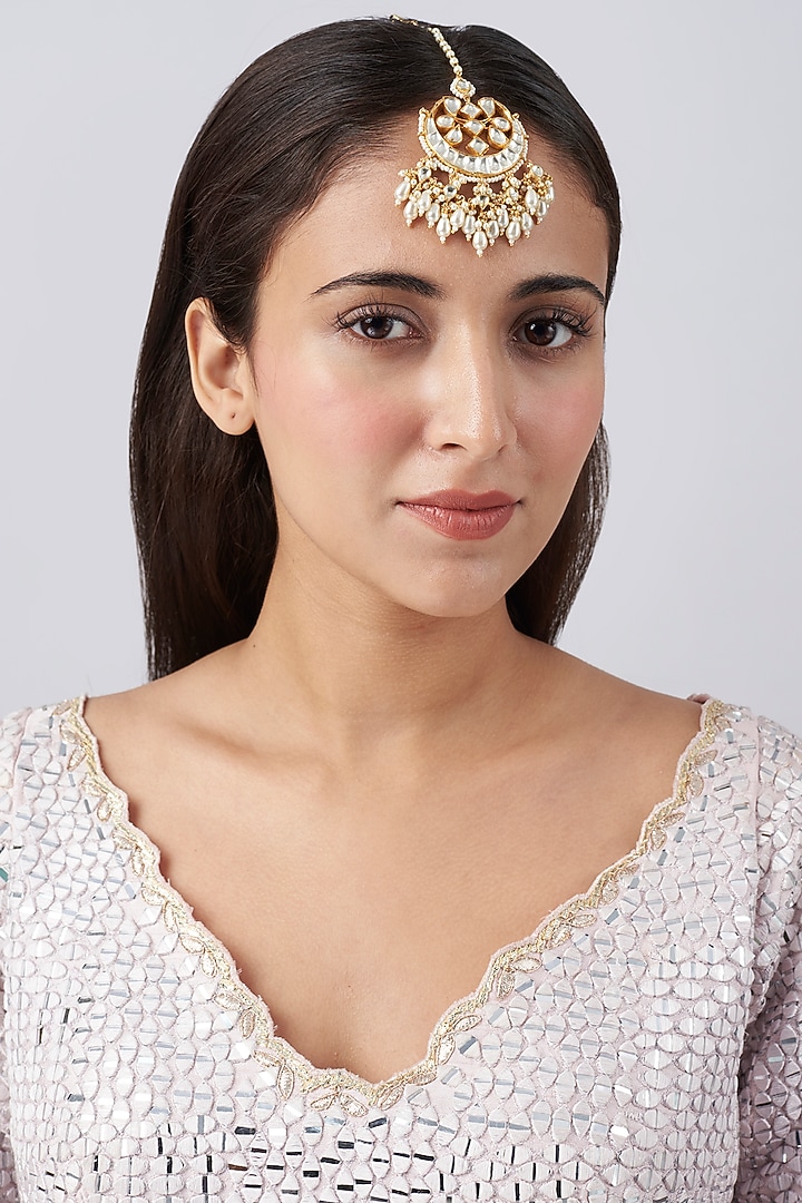 Gold Finish Pearl Maang Tikka by Belsi's Jewellery at Pernia's Pop Up Shop
