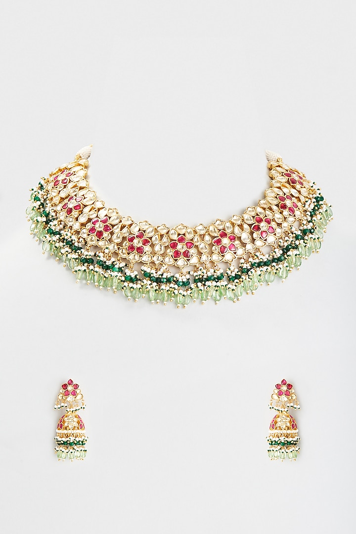Gold Finish Kundan Polki Necklace Set by Belsi's Jewellery