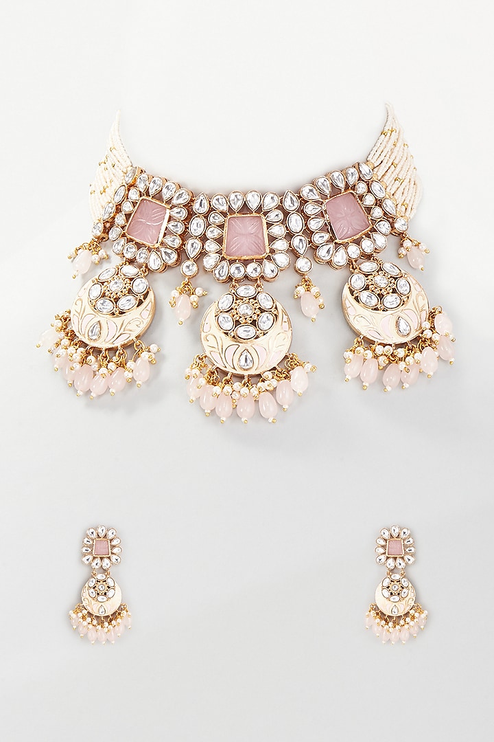 Gold Finish Kundan Polki Enameled Choker Necklace Set by Belsi's Jewellery