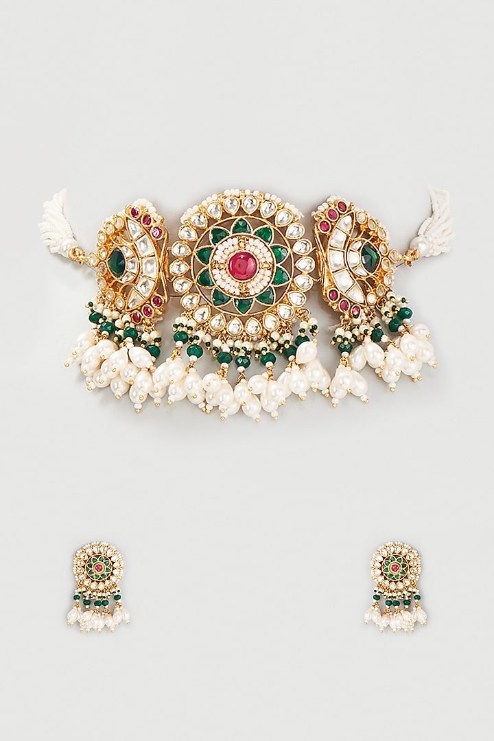 Gold Finish Kundan Polki & Beaded Choker Necklace Set by Belsi's Jewellery