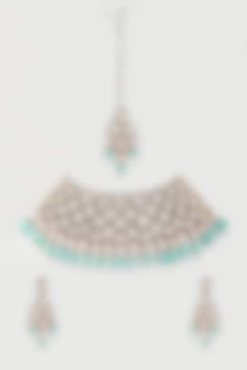 White Finish Green Beads & Kundan Polki Choker Necklace Set by Belsi's Jewellery at Pernia's Pop Up Shop