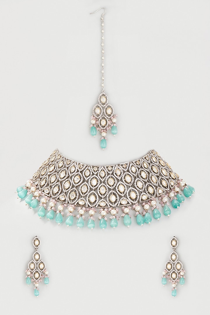 White Finish Green Beads & Kundan Polki Choker Necklace Set by Belsi's Jewellery