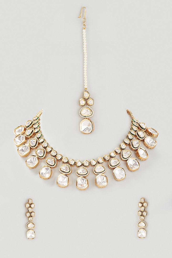 Gold Finish Kundan Polki & Zirconia Necklace Set by Belsi's Jewellery