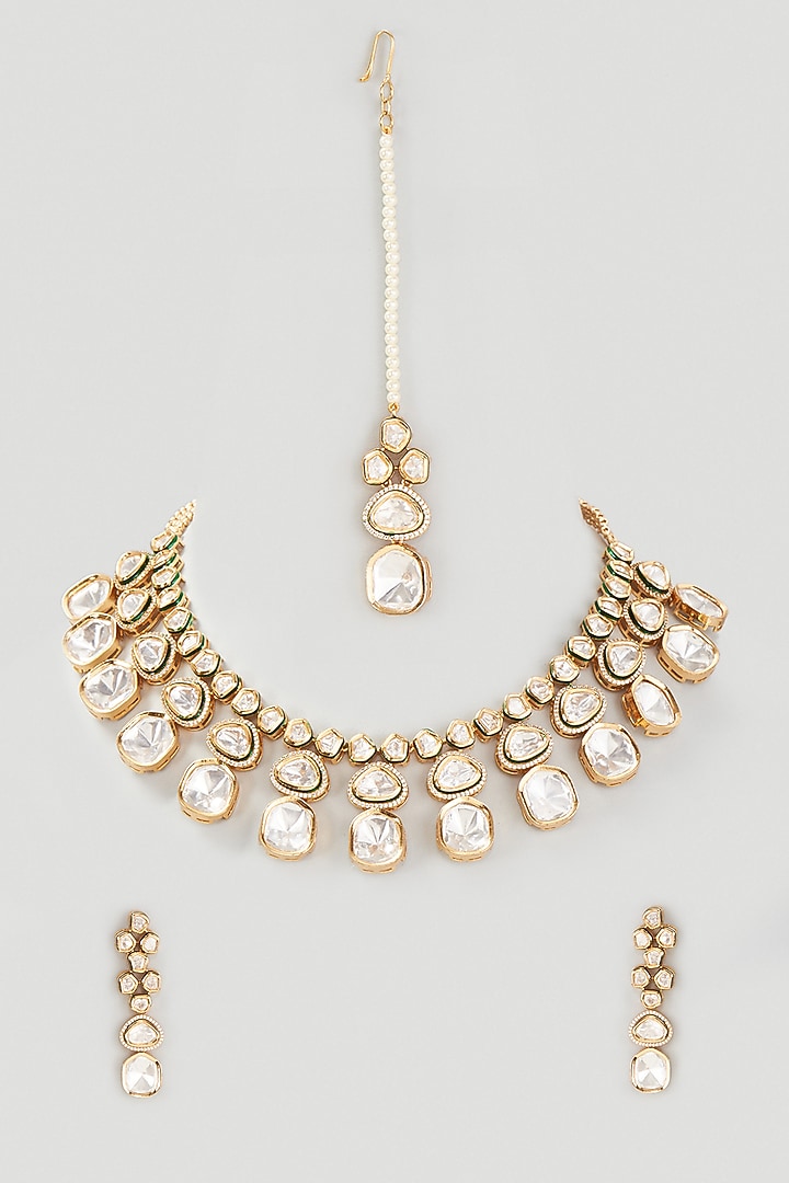 Gold Finish Kundan Polki & Zirconia Necklace Set by Belsi's Jewellery at Pernia's Pop Up Shop