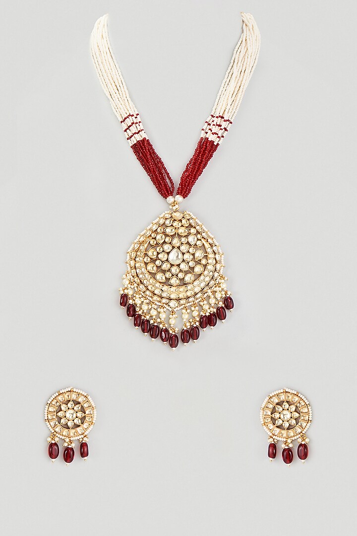 Gold Finish Kundan Polki Long Necklace Set by Belsi's Jewellery