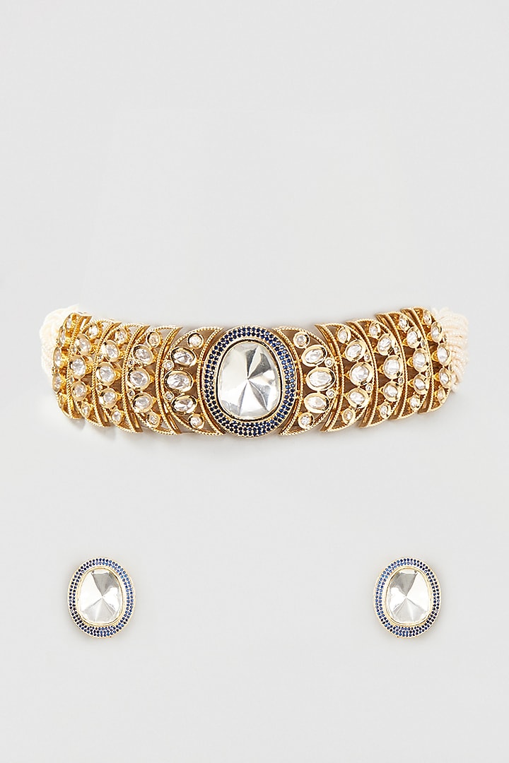 Gold Finish Zircons & Beads Choker Necklace Set by Belsi's Jewellery