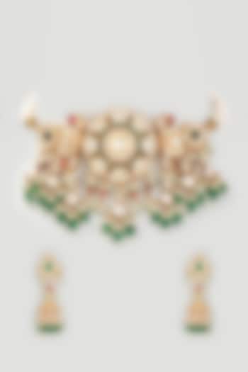Gold Finish Kundan Polki & Beads Choker Necklace Set by Belsi's Jewellery