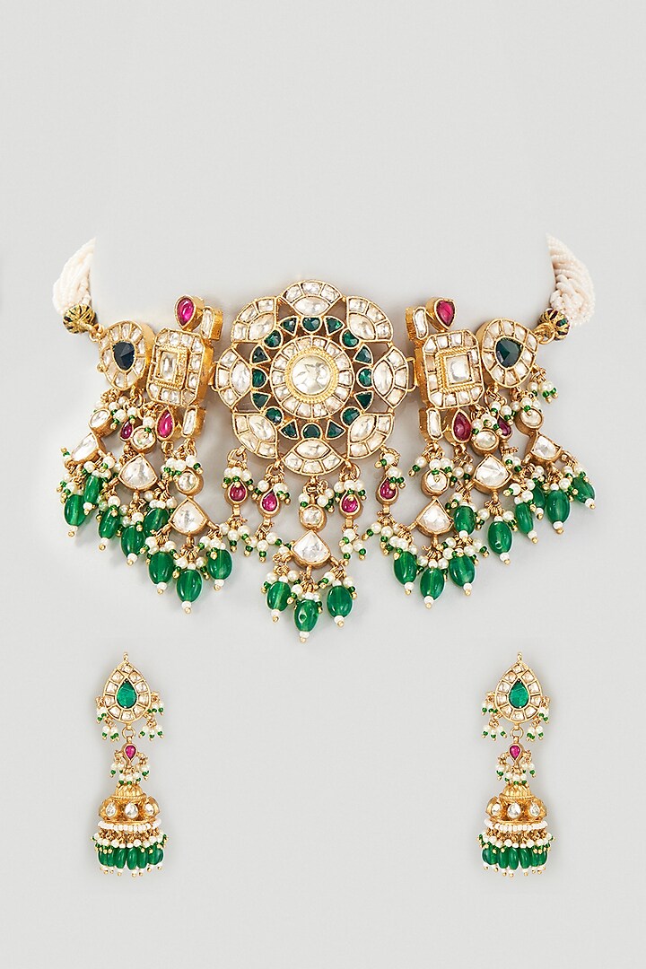 Gold Finish Kundan Polki & Beads Choker Necklace Set by Belsi's Jewellery