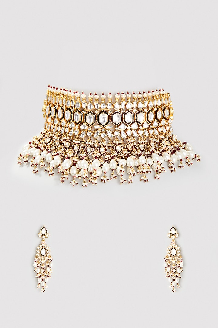 Gold Finish Kundan Polki Enameled Choker Necklace Set by Belsi's Jewellery