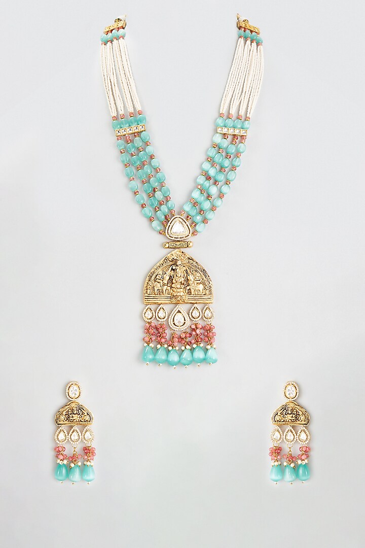 Gold Finish Kundan Polki Long Temple Necklace Set by Belsi's Jewellery