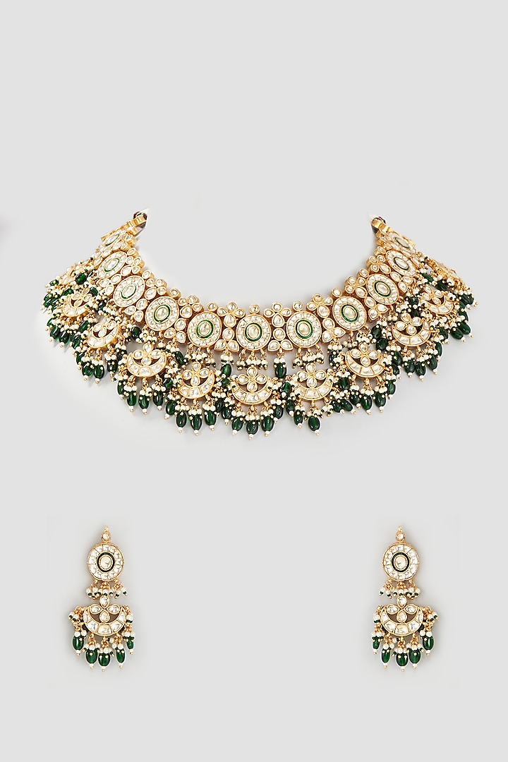 Gold Finish Green Beaded Choker Necklace Set by Belsi's Jewellery