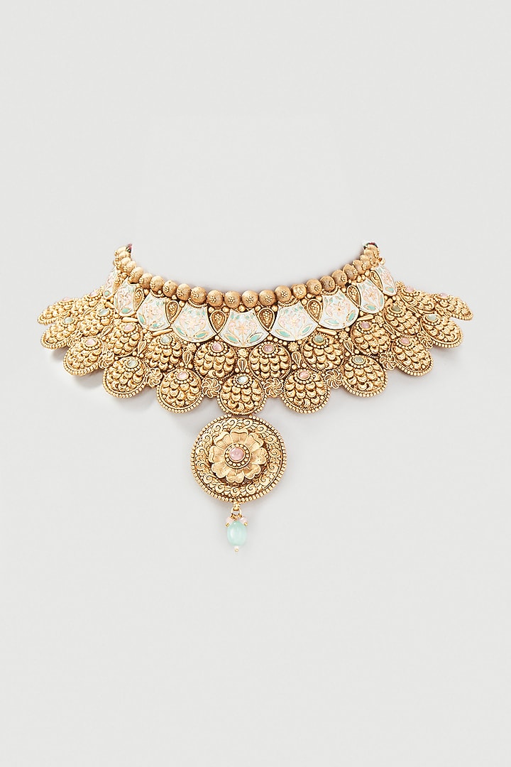 Gold Finish Enameled Layered Long Necklace Set by Belsi's Jewellery at Pernia's Pop Up Shop