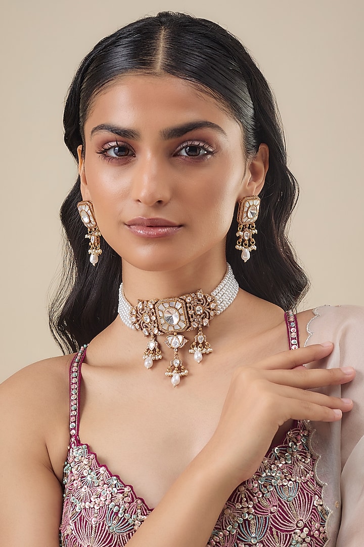 Gold Finish Kundan Polki & Pearl Choker Necklace Set by Belsi's Jewellery at Pernia's Pop Up Shop