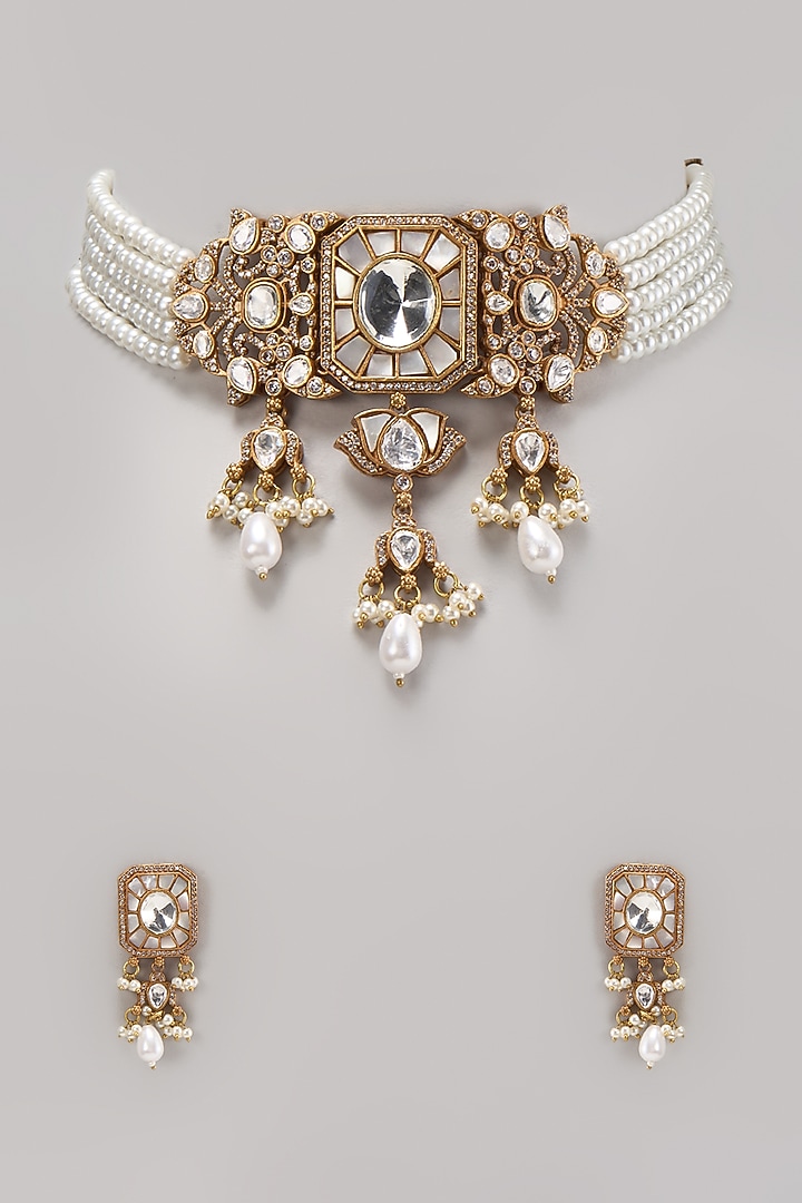Gold Finish Kundan Polki & Pearl Choker Necklace Set by Belsi's Jewellery at Pernia's Pop Up Shop